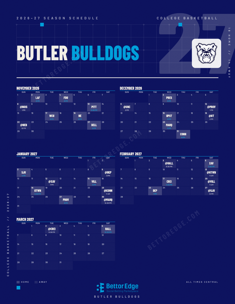 Butler Bulldogs 2026-27 basketball schedule, free printable, every game with start times and TV