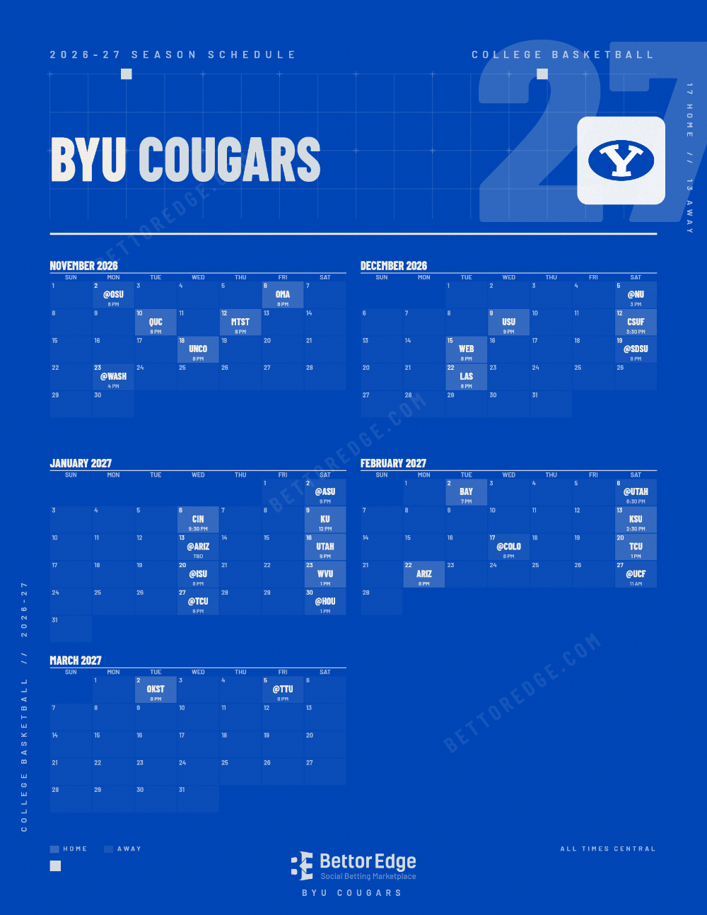 BYU Cougars 2026-27 basketball schedule, free printable, every game with start times and TV