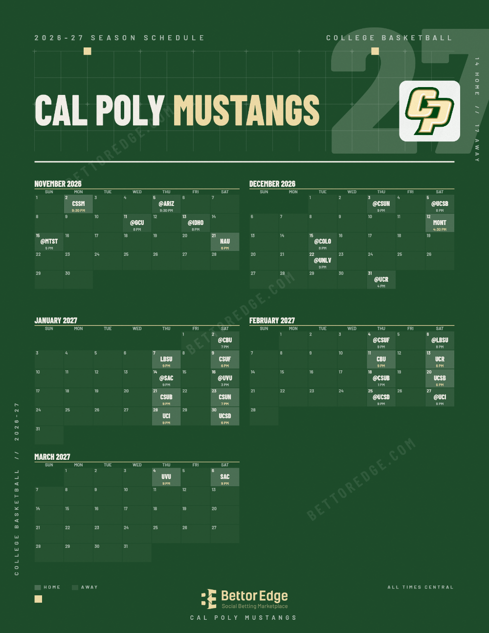 Cal Poly Mustangs 2026-27 basketball schedule, free printable, every game with start times and TV