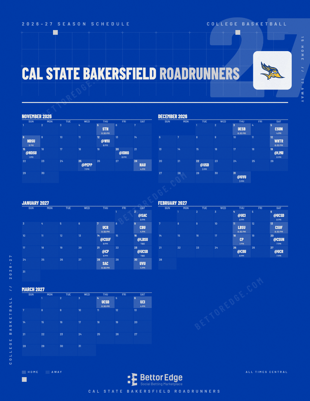 Cal State Bakersfield Roadrunners 2026-27 basketball schedule, free printable, every game with start times and TV