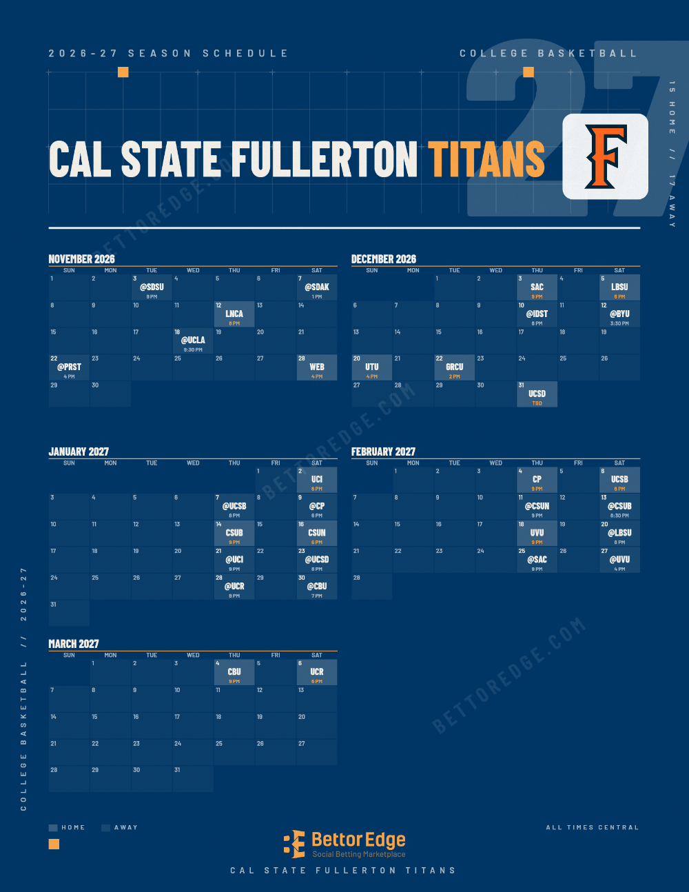 Cal State Fullerton Titans 2026-27 basketball schedule, free printable, every game with start times and TV