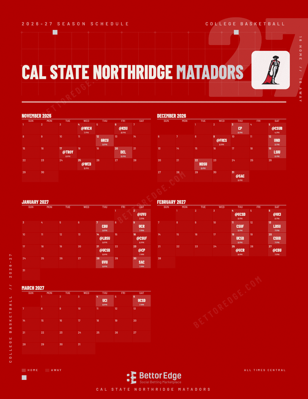 Cal State Northridge Matadors 2026-27 basketball schedule, free printable, every game with start times and TV
