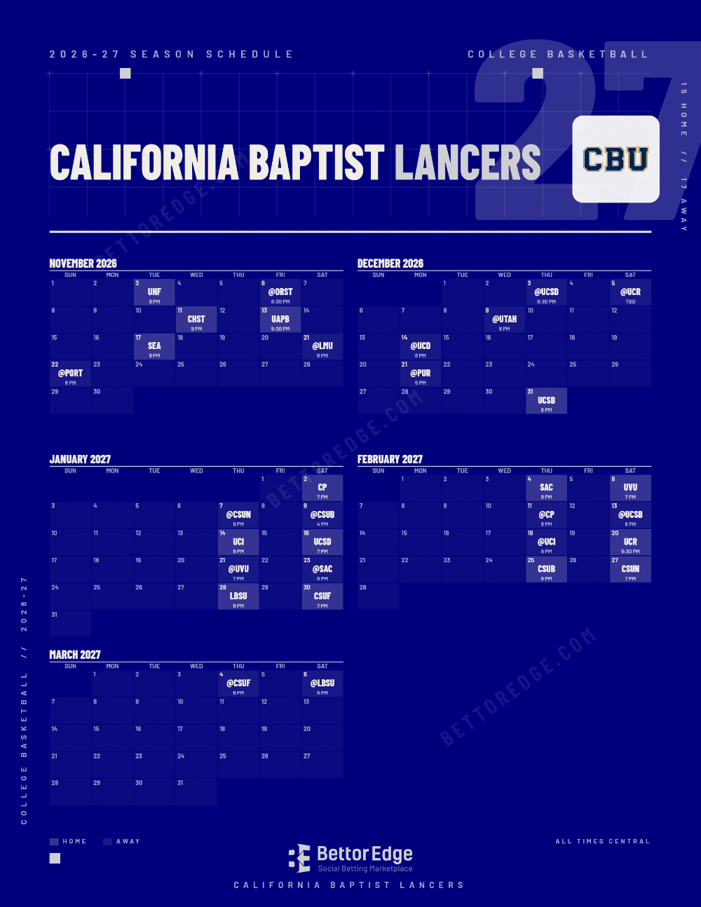 California Baptist Lancers 2026-27 basketball schedule, free printable, every game with start times and TV