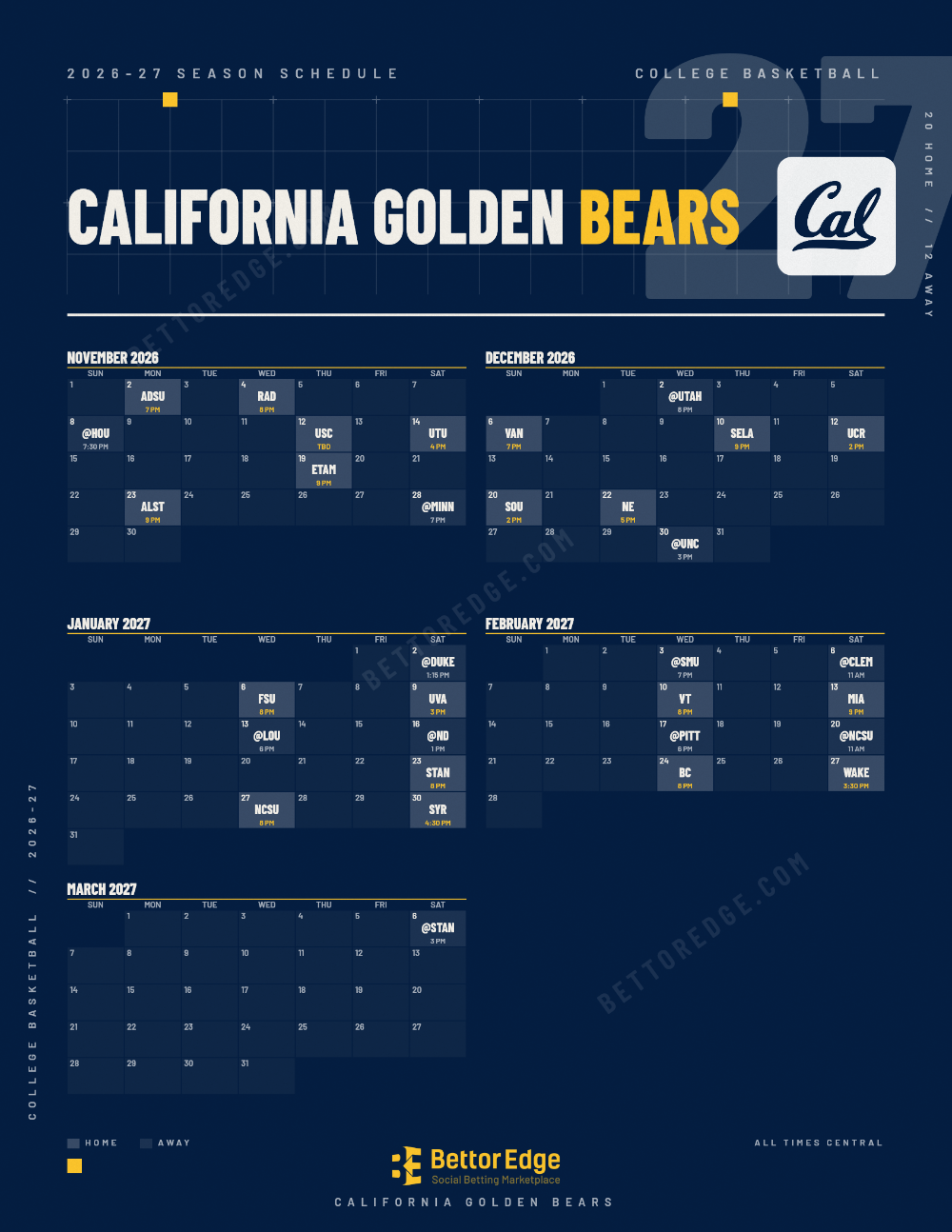 California Golden Bears 2026-27 basketball schedule, free printable, every game with start times and TV