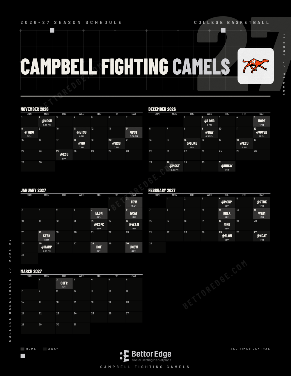 Campbell Fighting Camels 2026-27 basketball schedule, free printable, every game with start times and TV