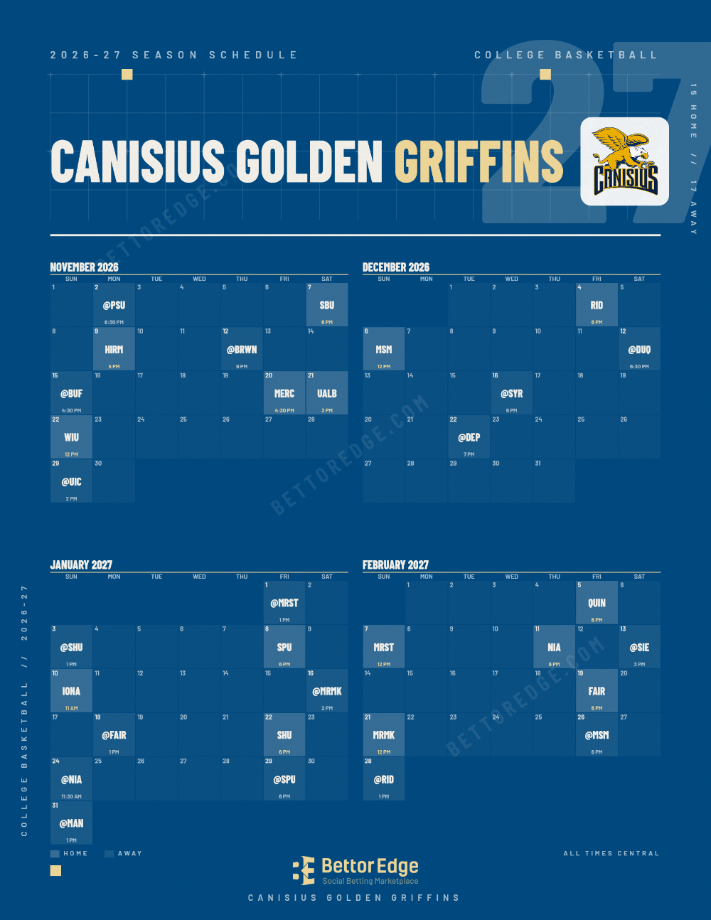 Canisius Golden Griffins 2026-27 basketball schedule, free printable, every game with start times and TV