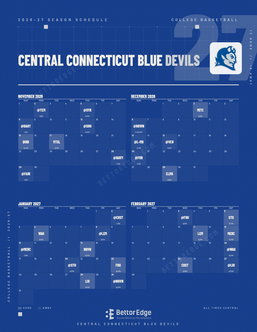 Central Connecticut Blue Devils 2026-27 basketball schedule, free printable, every game with start times and TV