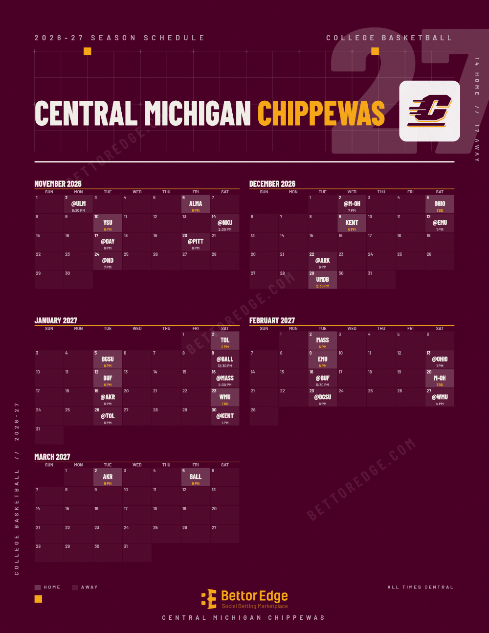 Central Michigan Chippewas 2026-27 basketball schedule, free printable, every game with start times and TV