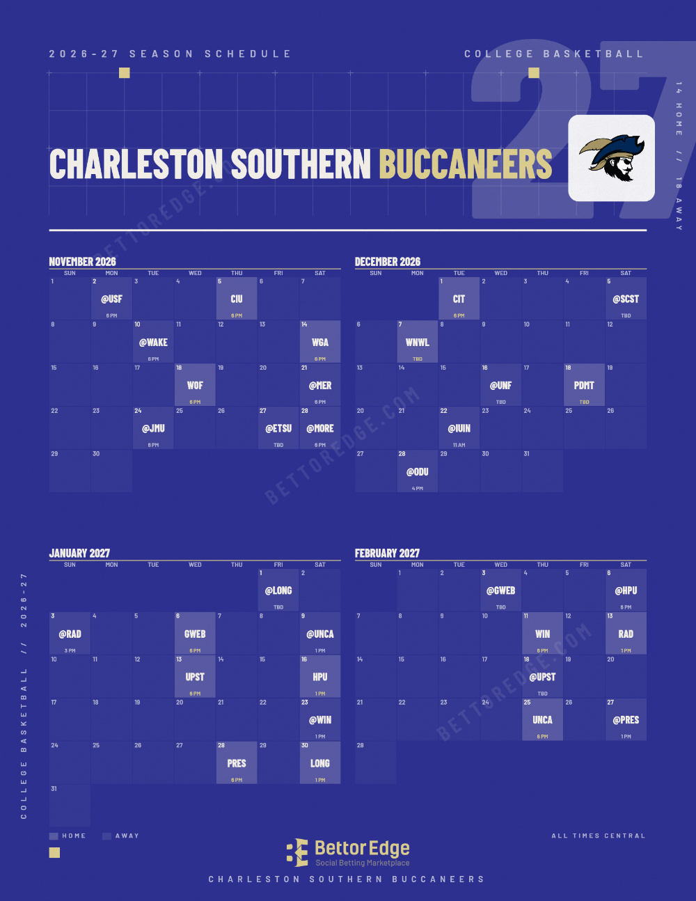 Charleston Southern Buccaneers 2026-27 basketball schedule, free printable, every game with start times and TV