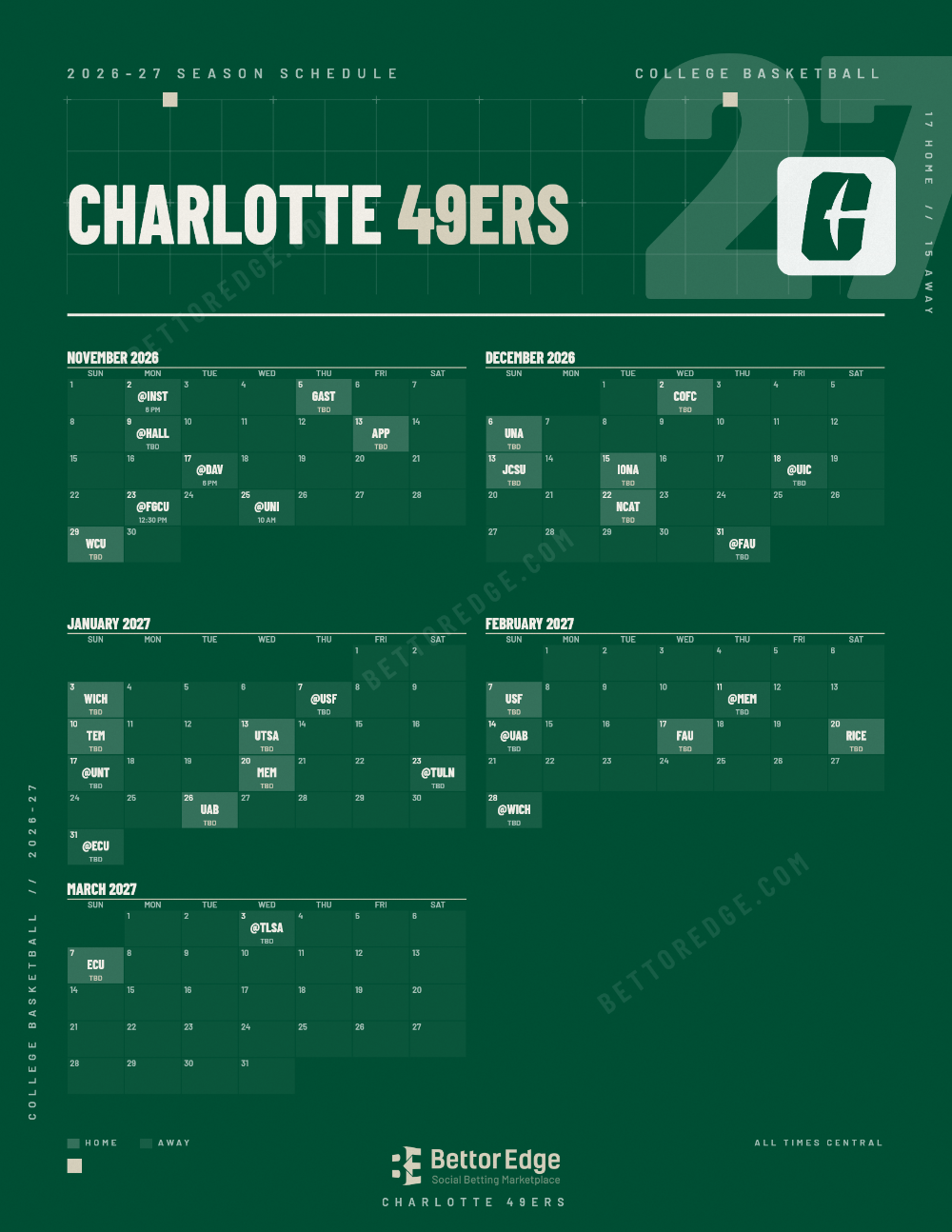 Charlotte 49ers 2026-27 basketball schedule, free printable, every game with start times and TV