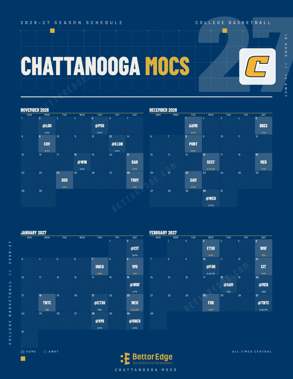 Chattanooga Mocs 2026-27 basketball schedule, free printable, every game with start times and TV