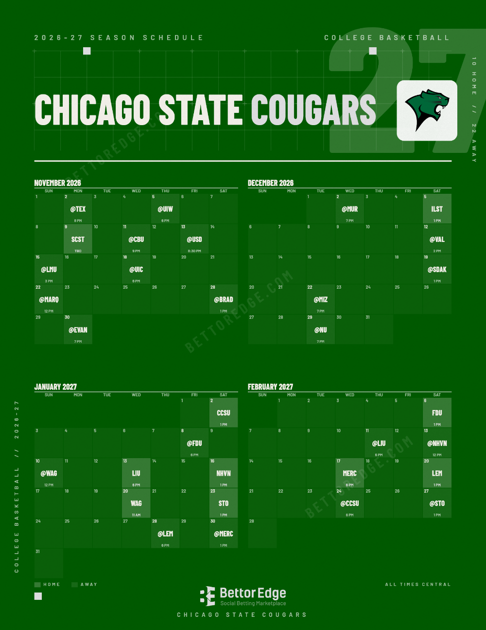 Chicago State Cougars 2026-27 basketball schedule, free printable, every game with start times and TV