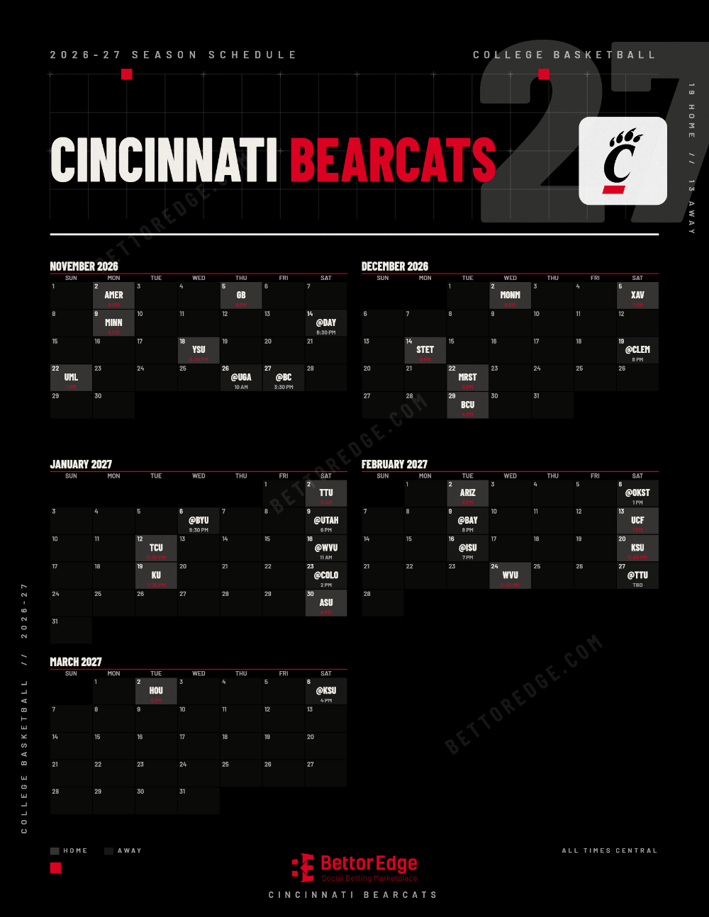 Cincinnati Bearcats 2026-27 basketball schedule, free printable, every game with start times and TV