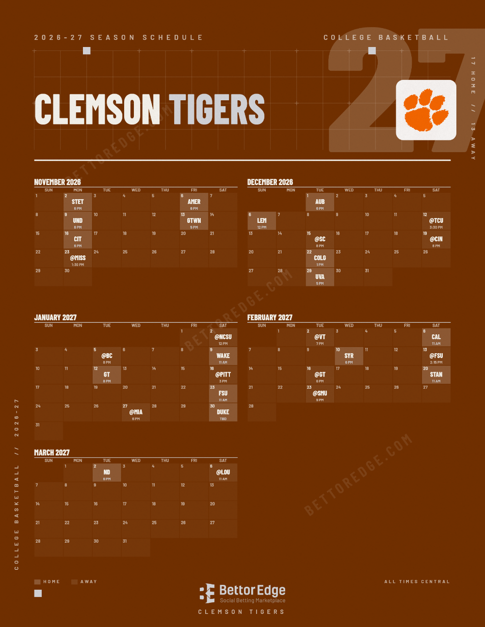 Clemson Tigers 2026-27 basketball schedule, free printable, every game with start times and TV