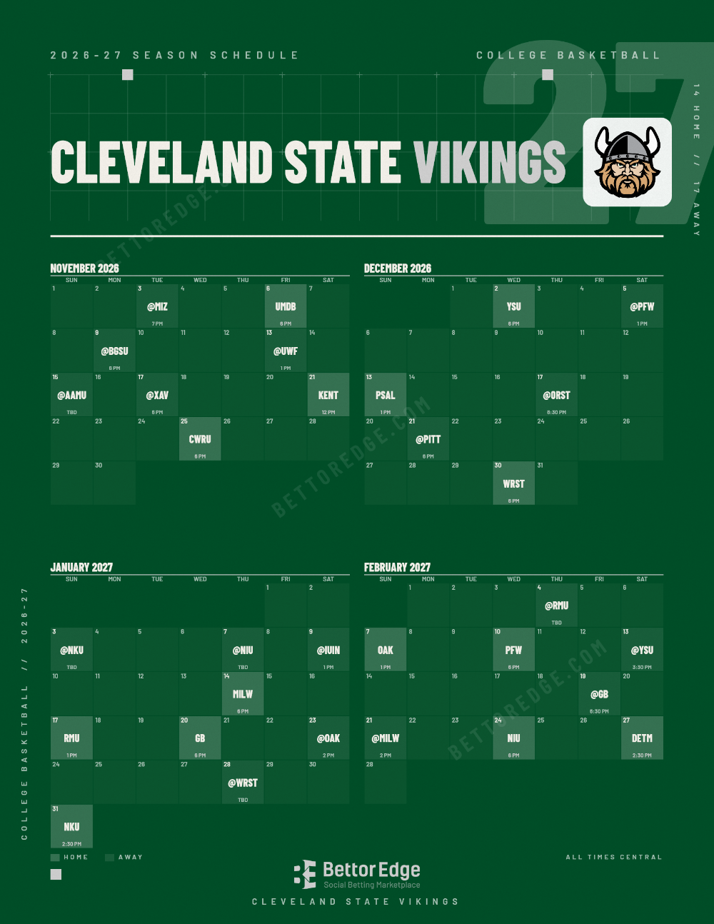 Cleveland State Vikings 2026-27 basketball schedule, free printable, every game with start times and TV