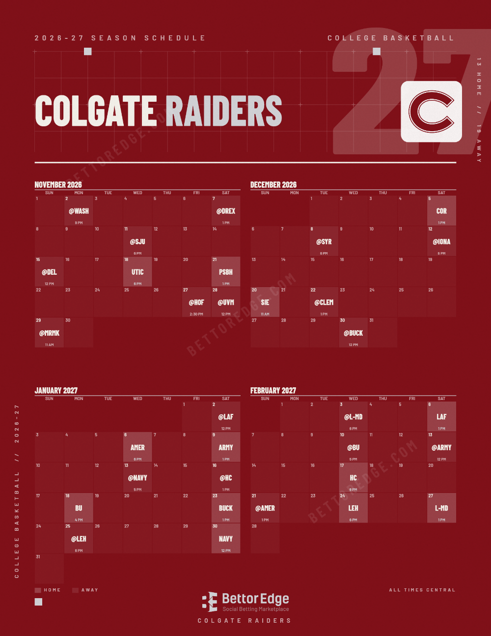 Colgate Raiders 2026-27 basketball schedule, free printable, every game with start times and TV