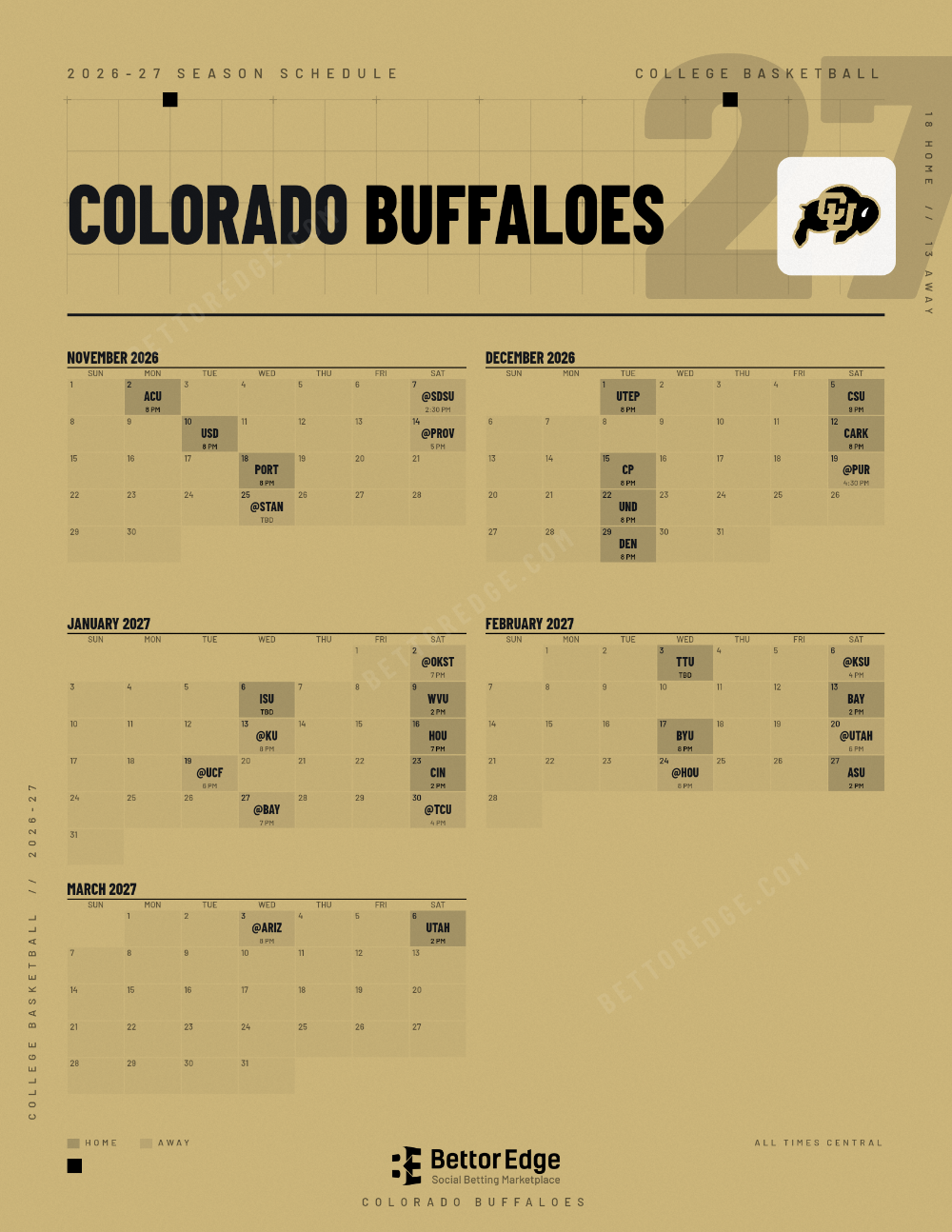 Colorado Buffaloes 2026-27 basketball schedule, free printable, every game with start times and TV
