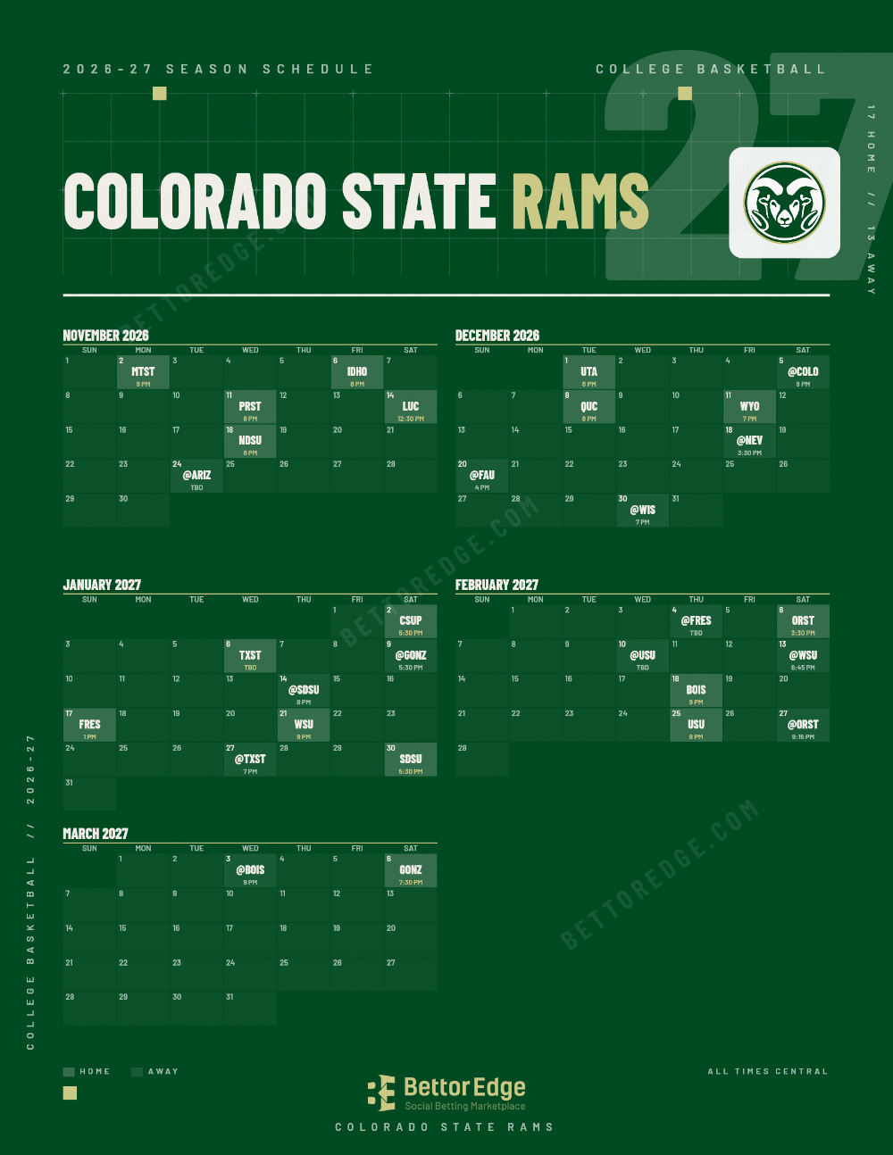 Colorado State Rams 2026-27 basketball schedule, free printable, every game with start times and TV
