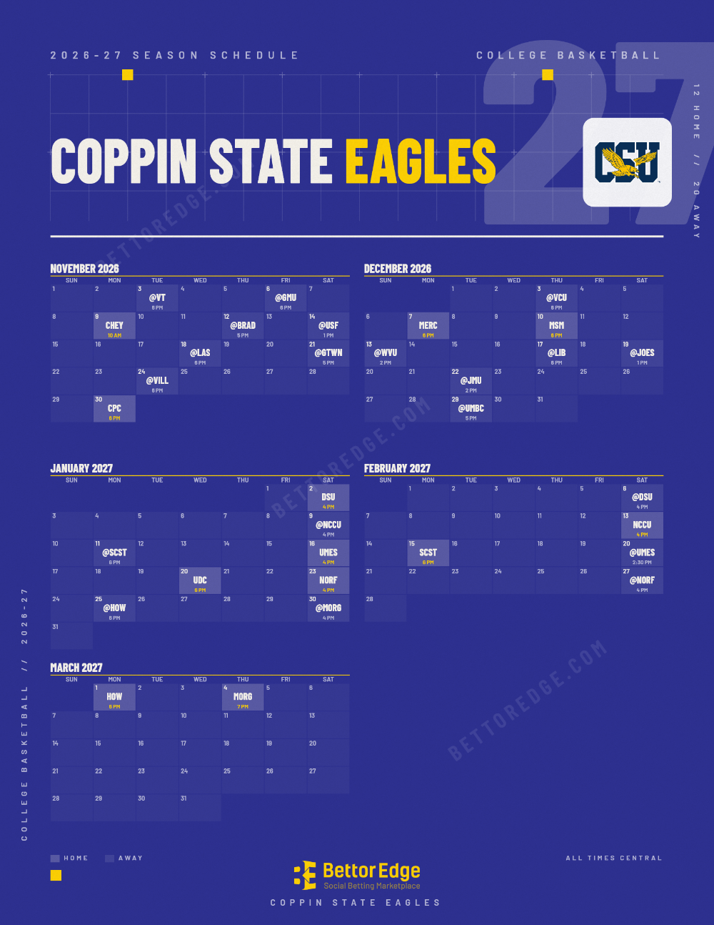 Coppin State Eagles 2026-27 basketball schedule, free printable, every game with start times and TV