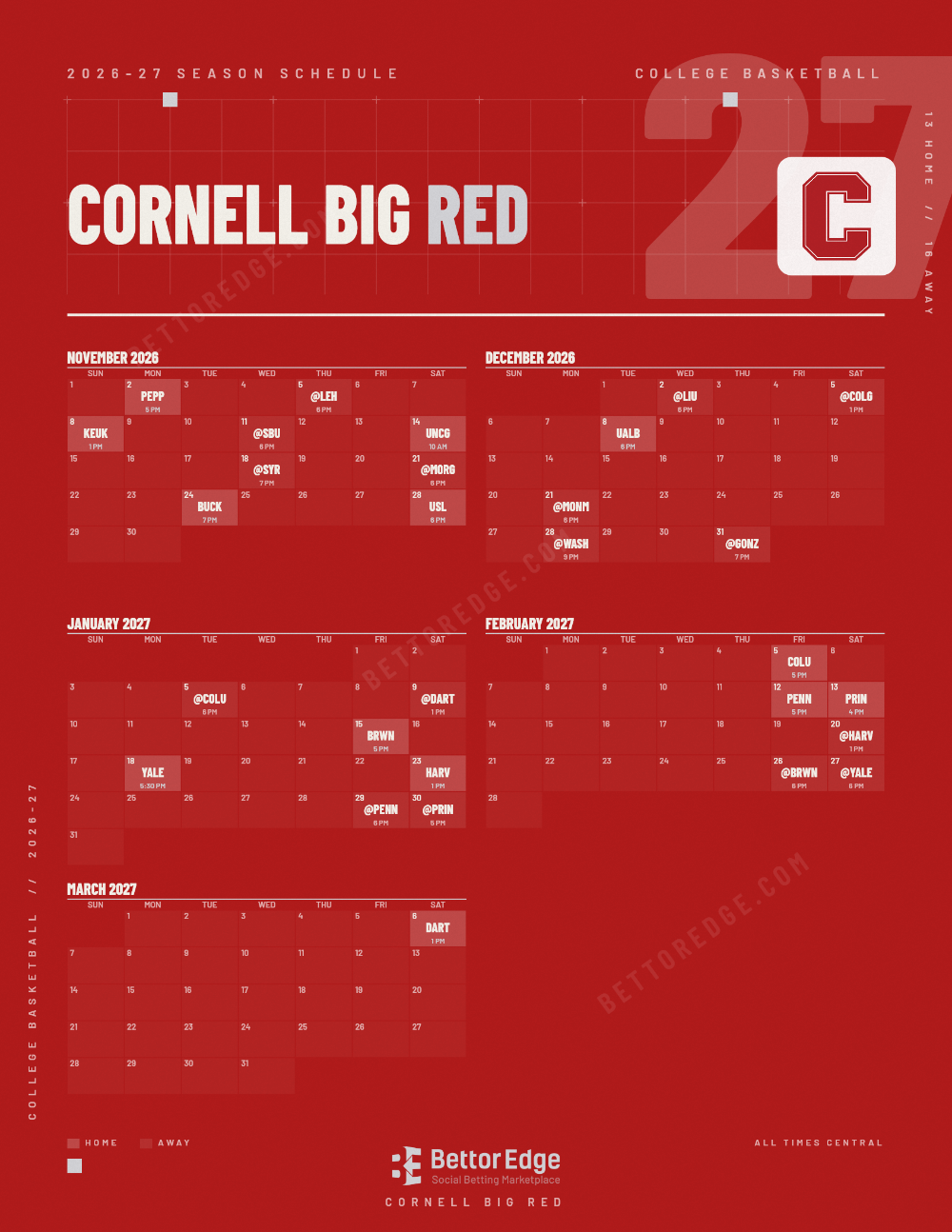 Cornell Big Red 2026-27 basketball schedule, free printable, every game with start times and TV
