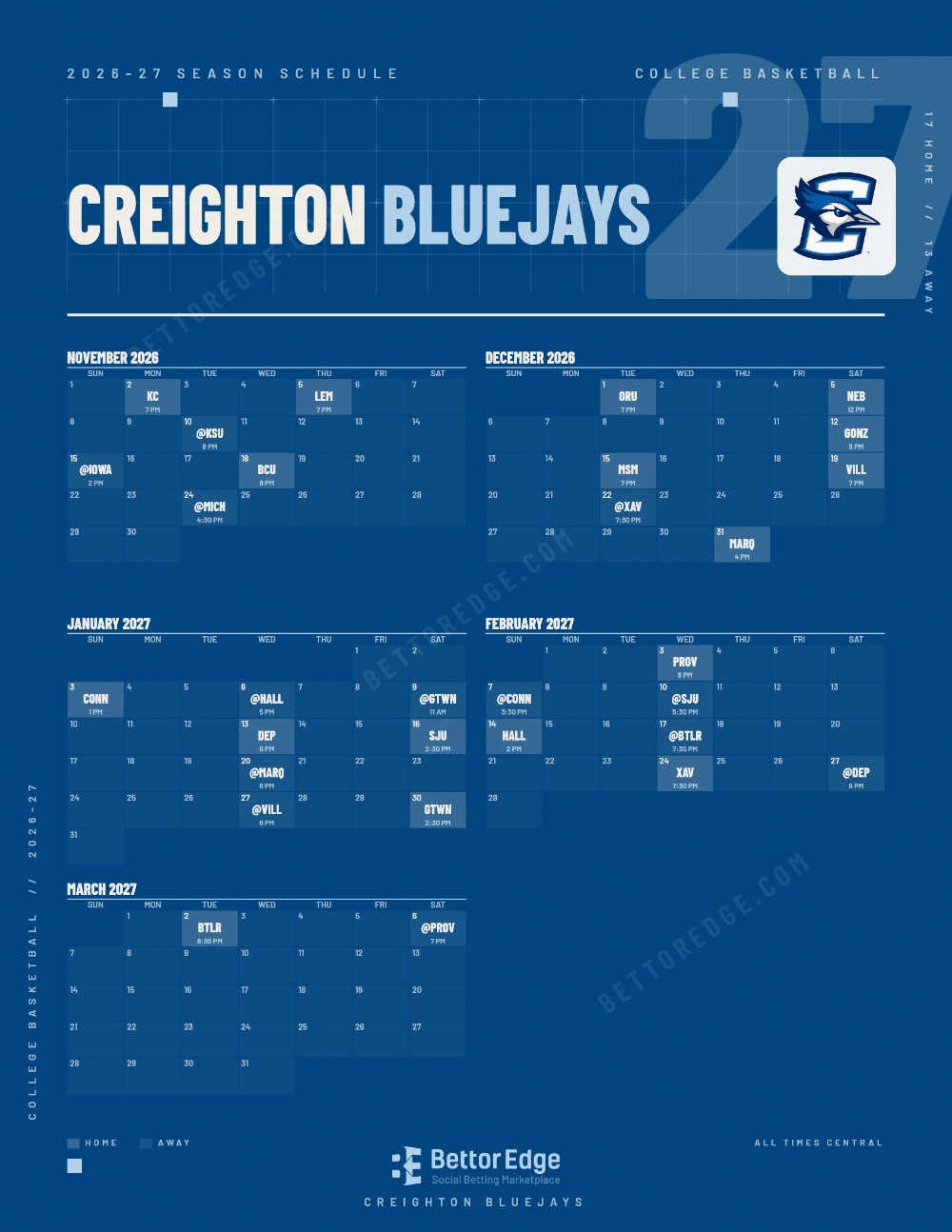 Creighton Bluejays 2026-27 basketball schedule, free printable, every game with start times and TV
