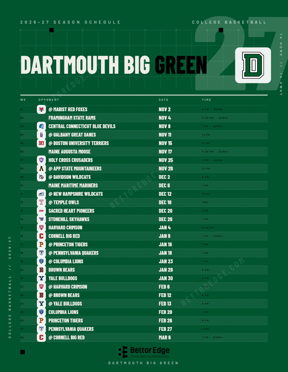 Dartmouth Big Green 2026-27 basketball schedule, free printable, every game with start times and TV