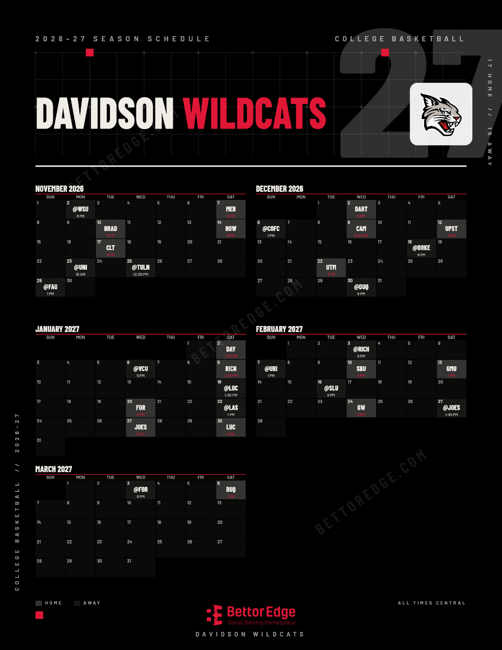 Davidson Wildcats 2026-27 basketball schedule, free printable, every game with start times and TV