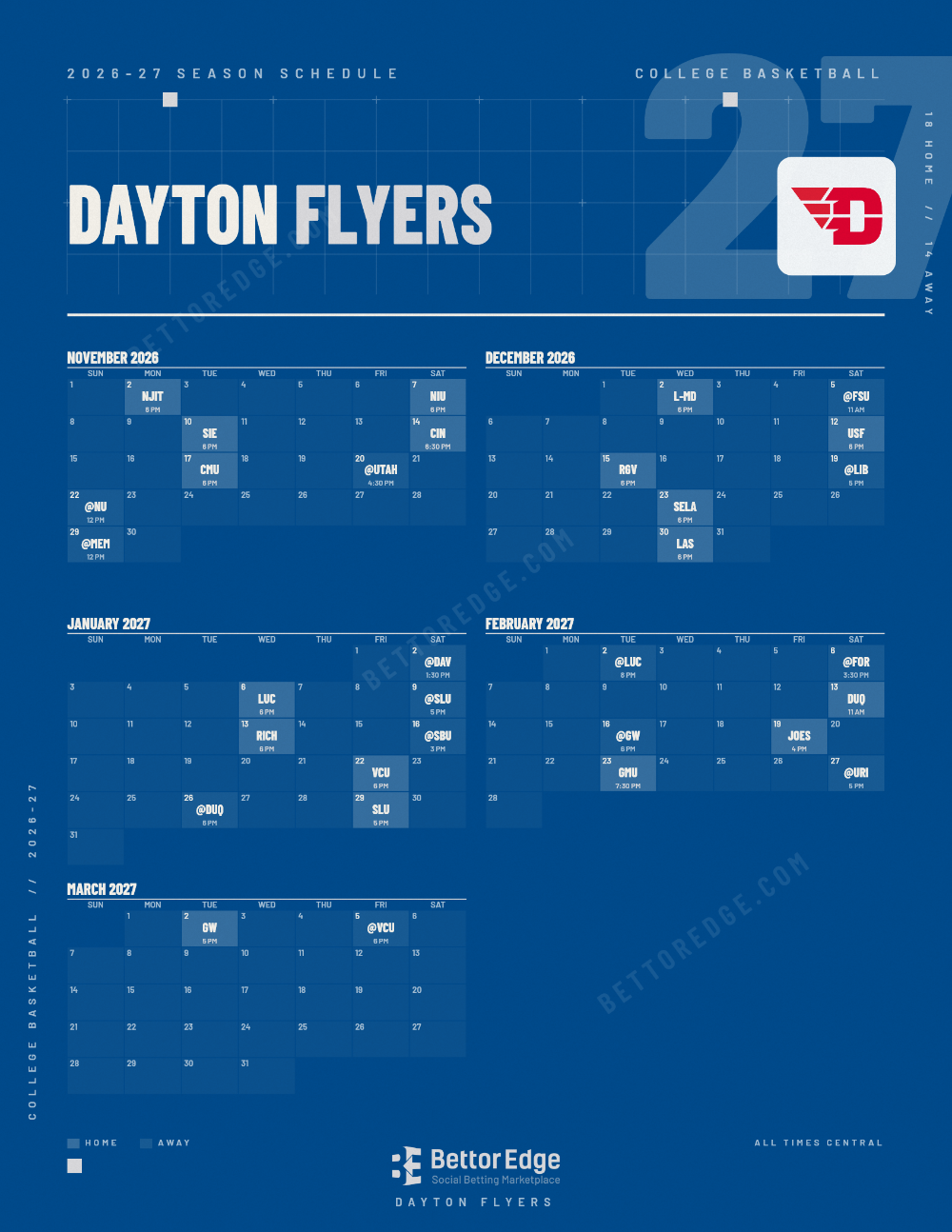Dayton Flyers 2026-27 basketball schedule, free printable, every game with start times and TV
