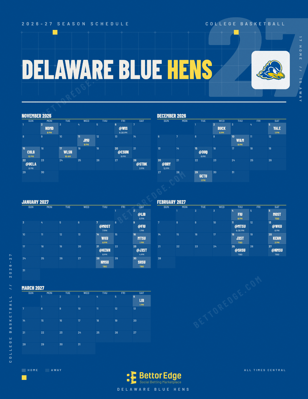Delaware Blue Hens 2026-27 basketball schedule, free printable, every game with start times and TV
