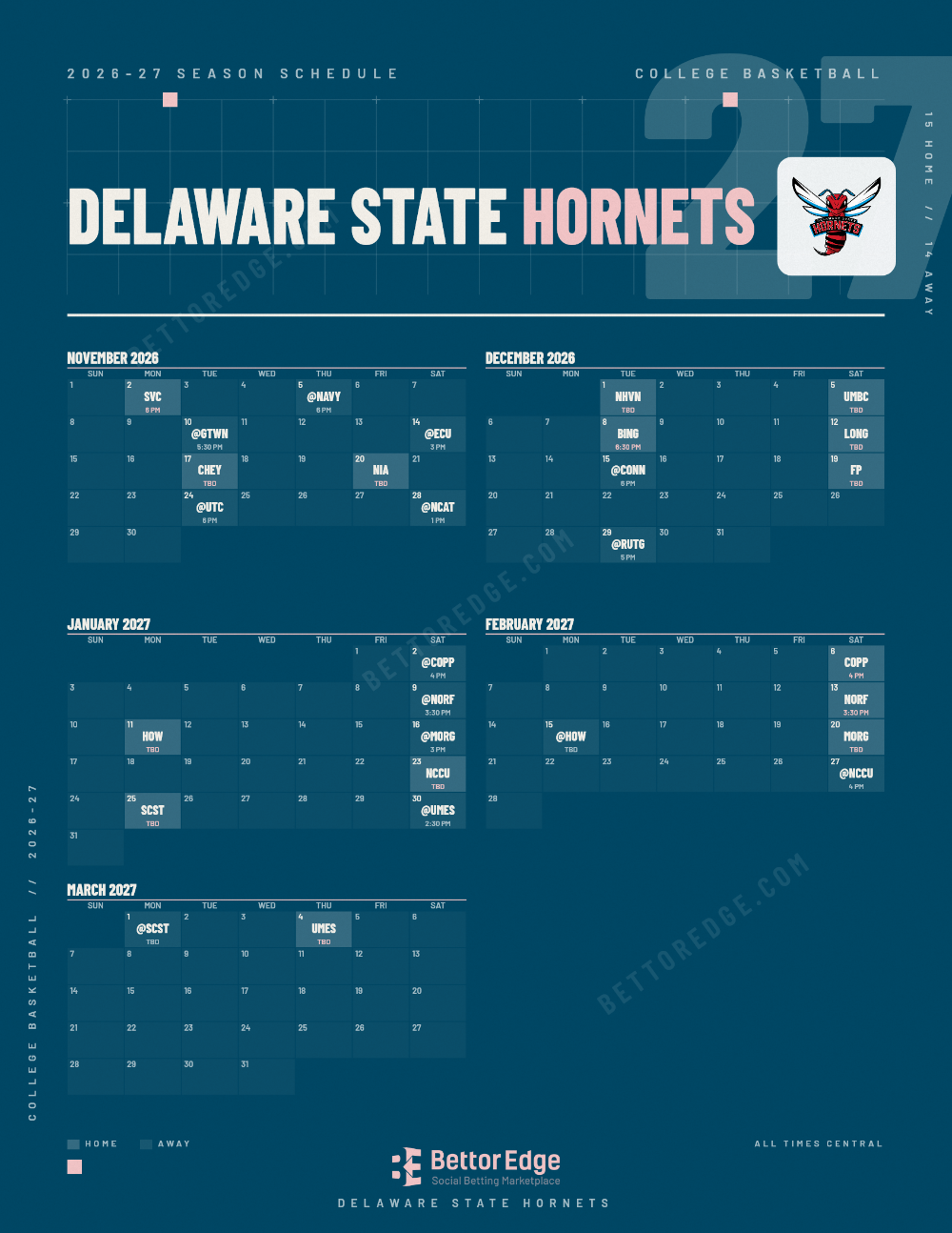 Delaware State Hornets 2026-27 basketball schedule, free printable, every game with start times and TV