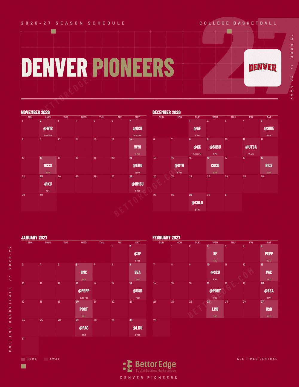 Denver Pioneers 2026-27 basketball schedule, free printable, every game with start times and TV