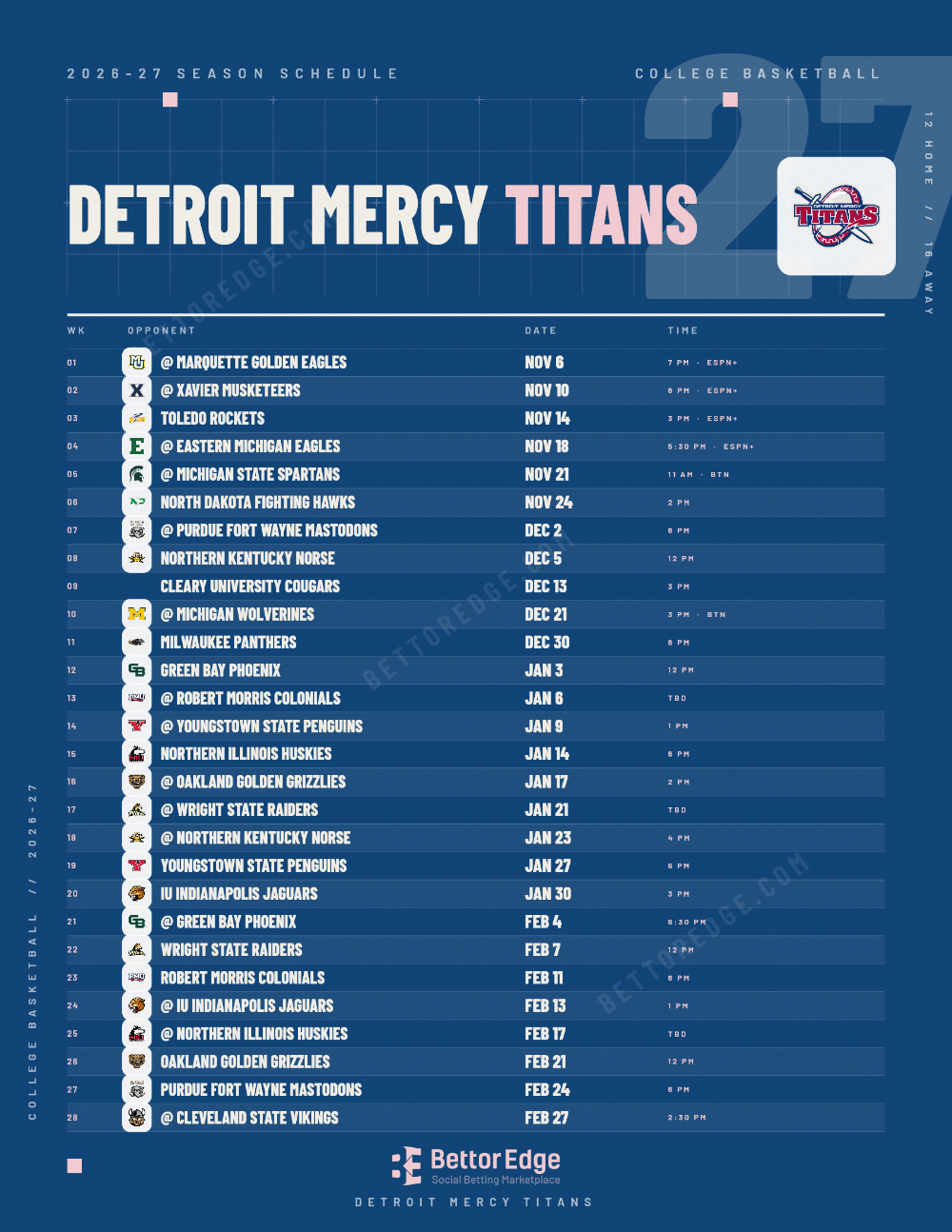 Detroit Mercy Titans 2026-27 basketball schedule, free printable, every game with start times and TV