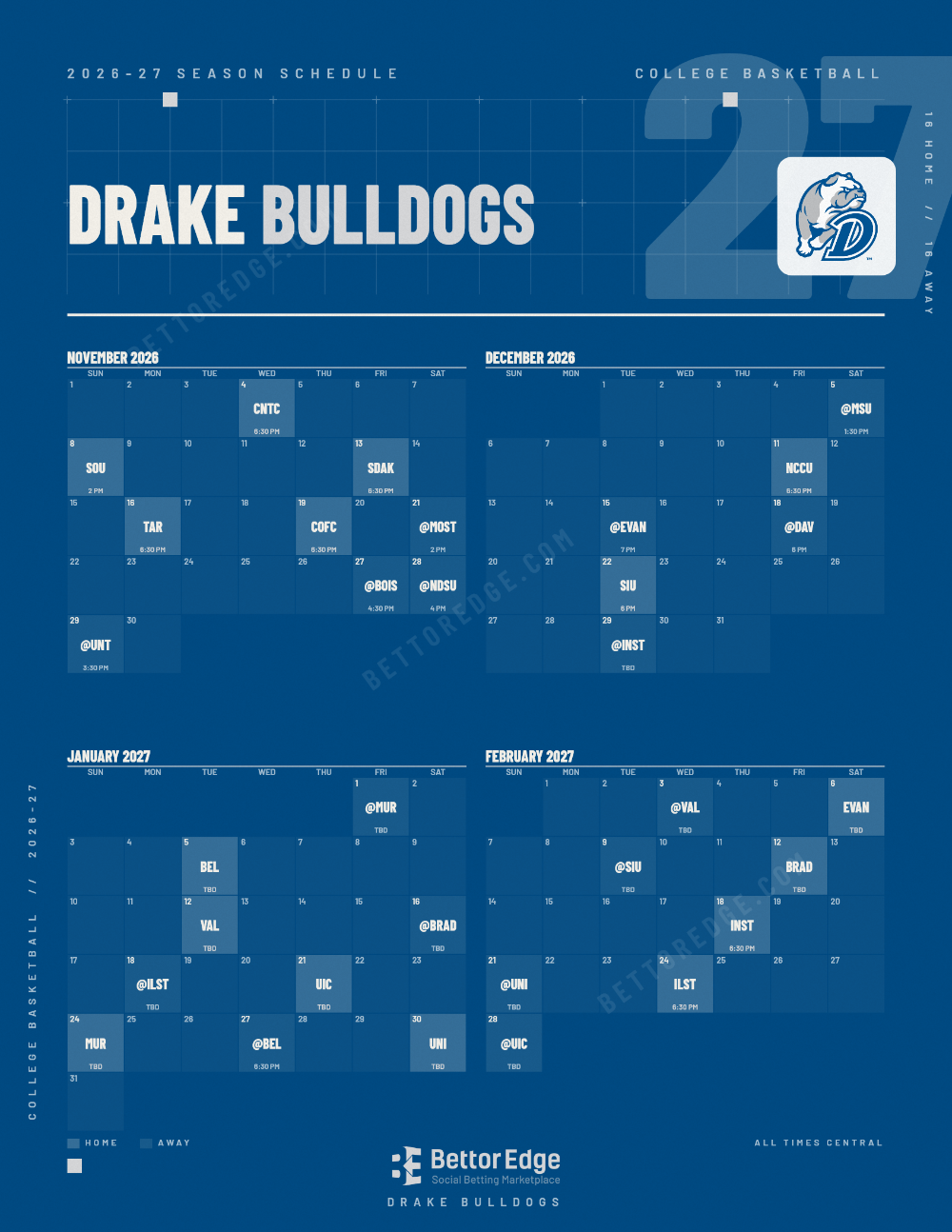 Drake Bulldogs 2026-27 basketball schedule, free printable, every game with start times and TV