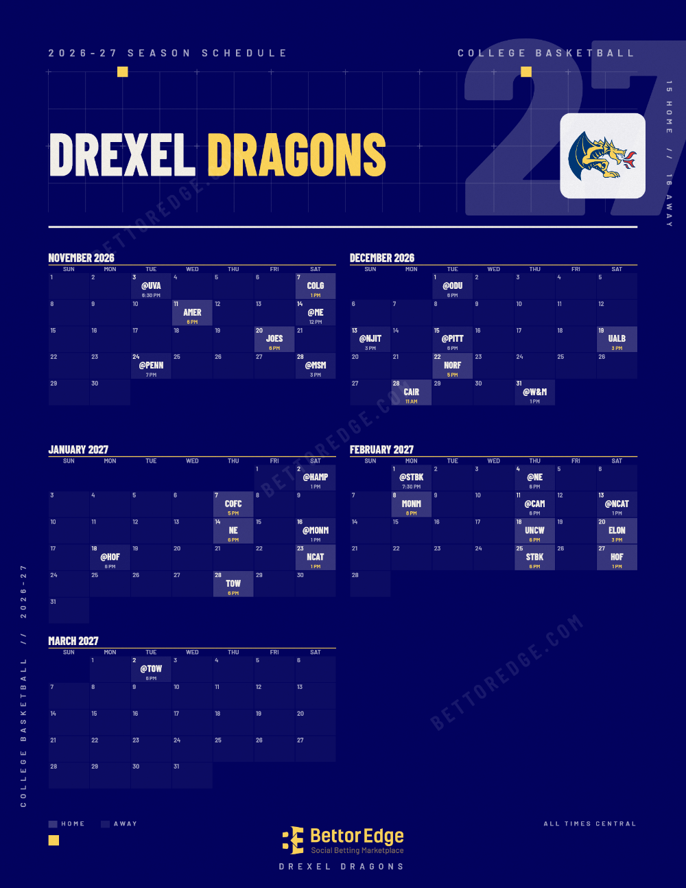 Drexel Dragons 2026-27 basketball schedule, free printable, every game with start times and TV