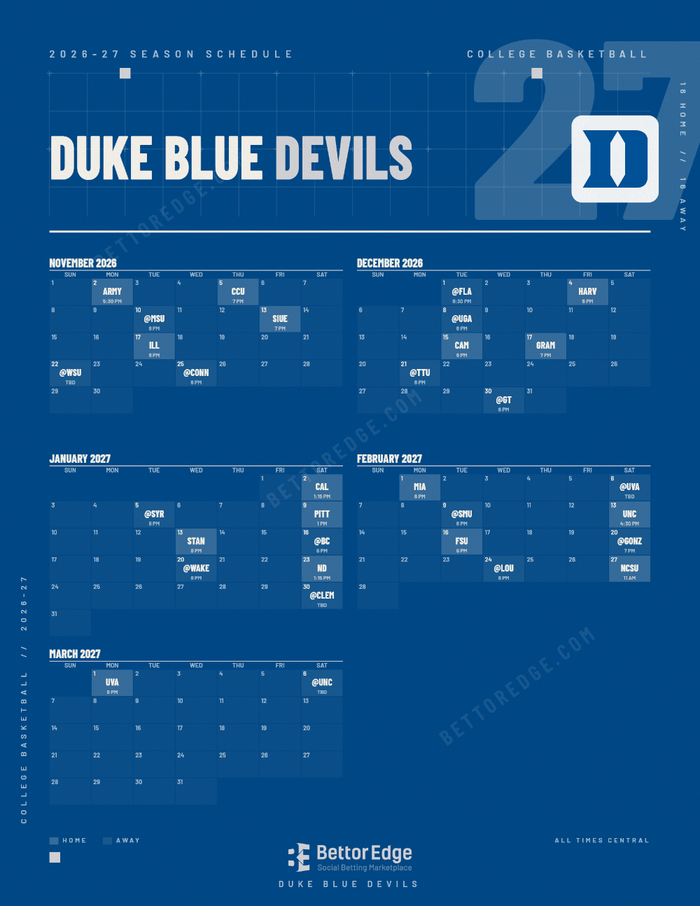 Duke Blue Devils 2026-27 basketball schedule, free printable, every game with start times and TV