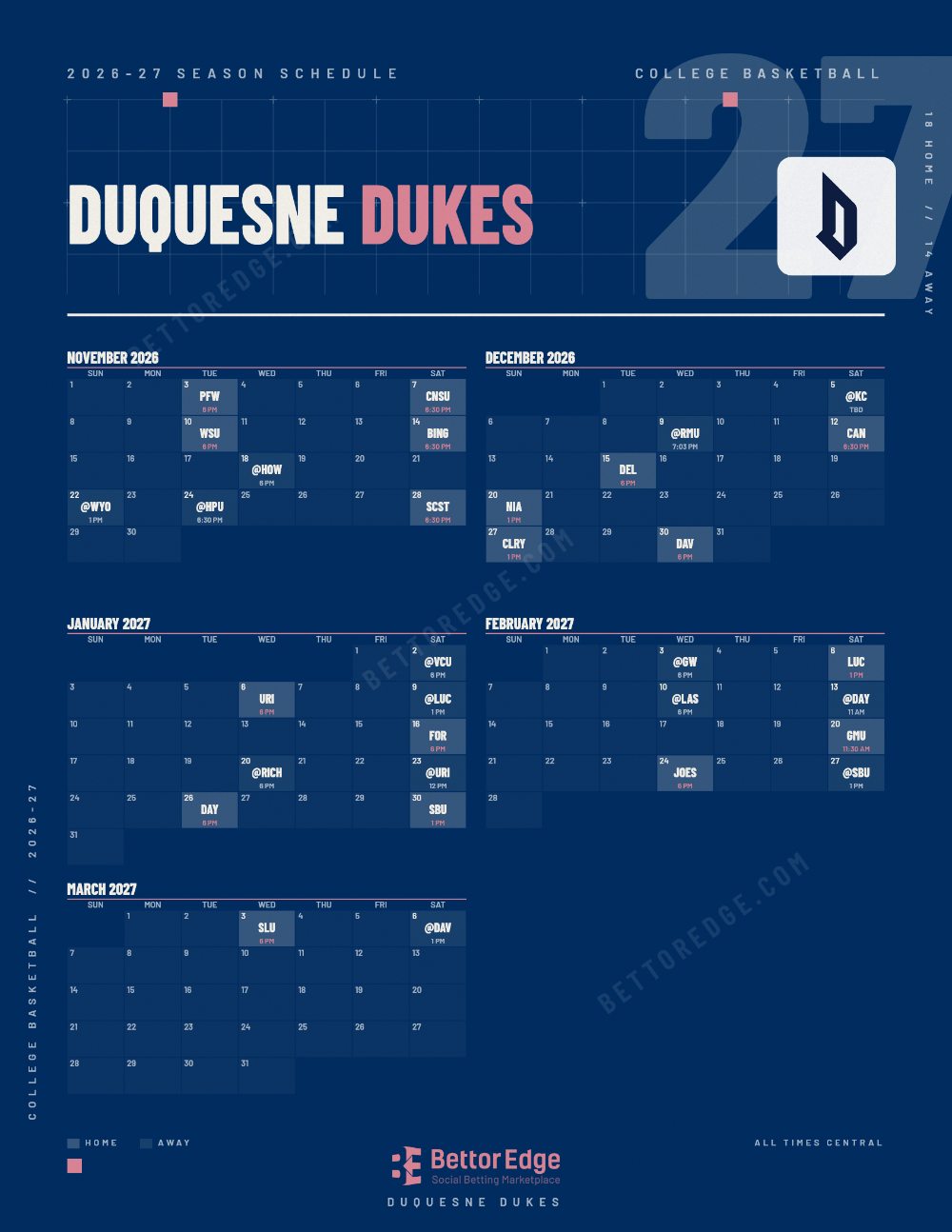 Duquesne Dukes 2026-27 basketball schedule, free printable, every game with start times and TV