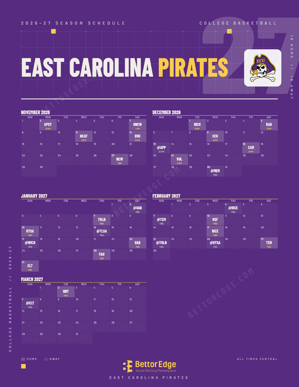 East Carolina Pirates 2026-27 basketball schedule, free printable, every game with start times and TV