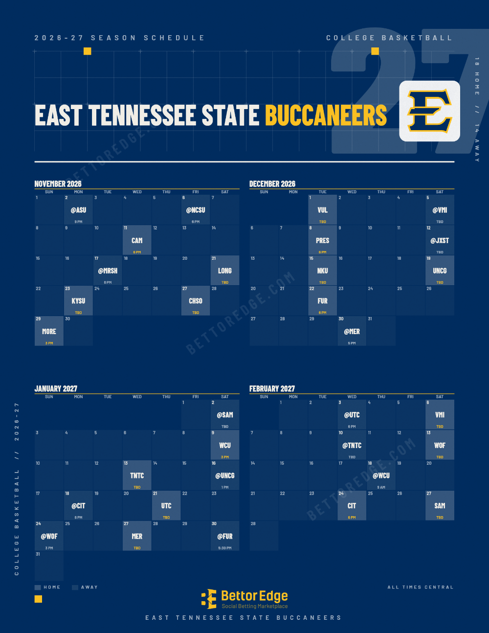 East Tennessee State Buccaneers 2026-27 basketball schedule, free printable, every game with start times and TV