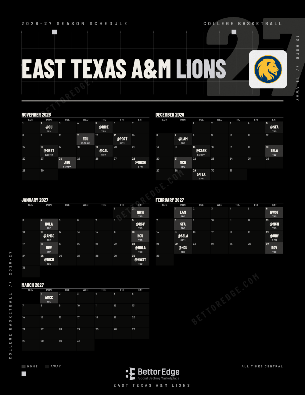 East Texas A&M Lions 2026-27 basketball schedule, free printable, every game with start times and TV