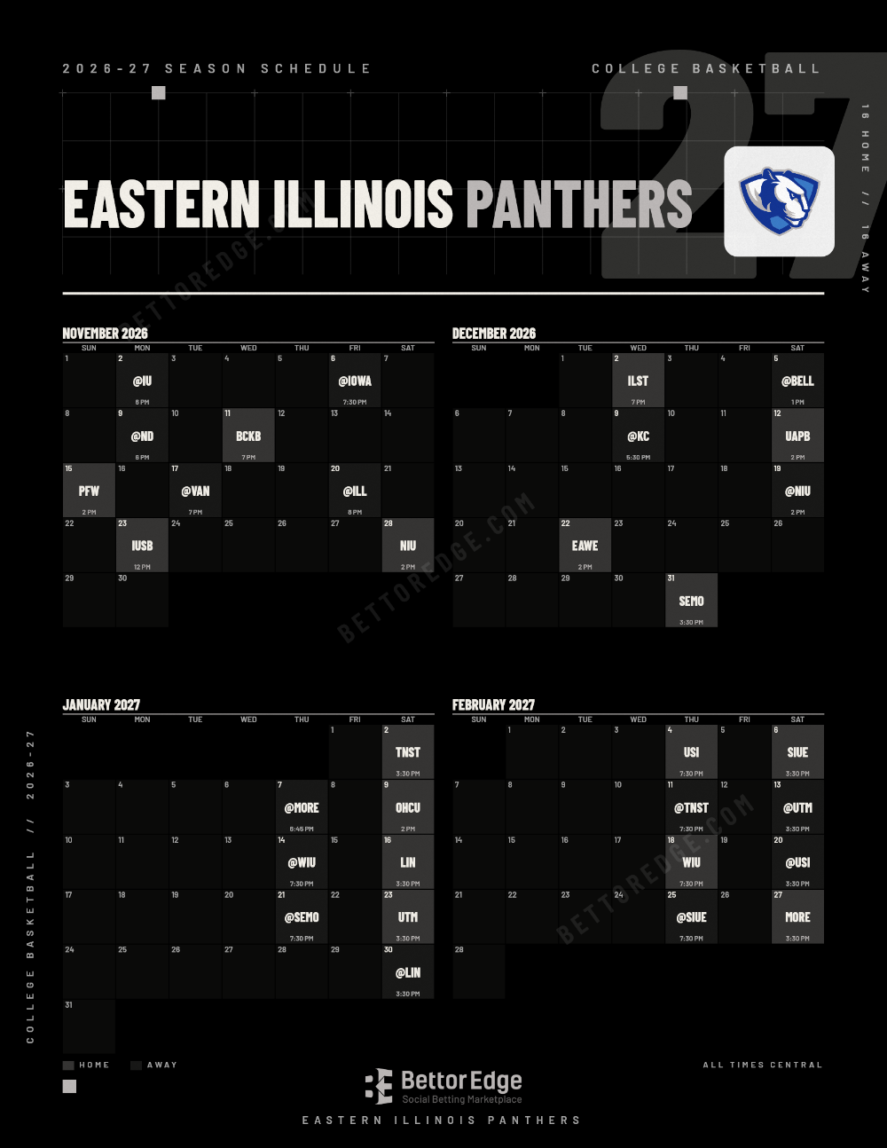 Eastern Illinois Panthers 2026-27 basketball schedule, free printable, every game with start times and TV