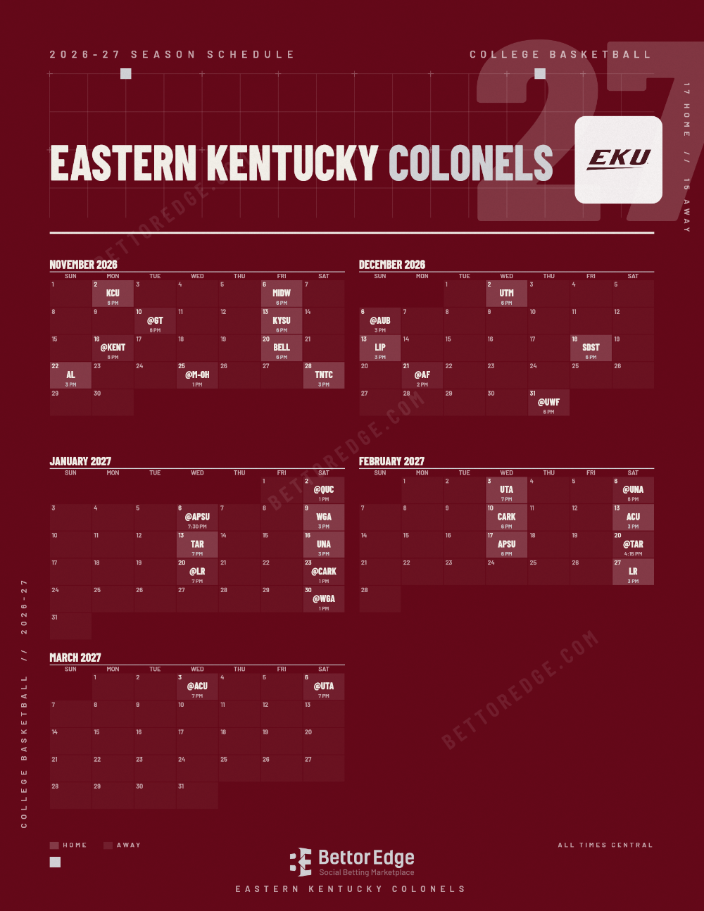 Eastern Kentucky Colonels 2026-27 basketball schedule, free printable, every game with start times and TV