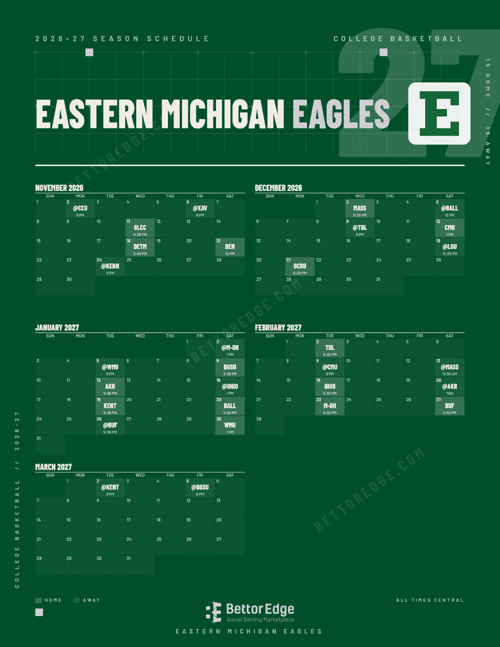 Eastern Michigan Eagles 2026-27 basketball schedule, free printable, every game with start times and TV