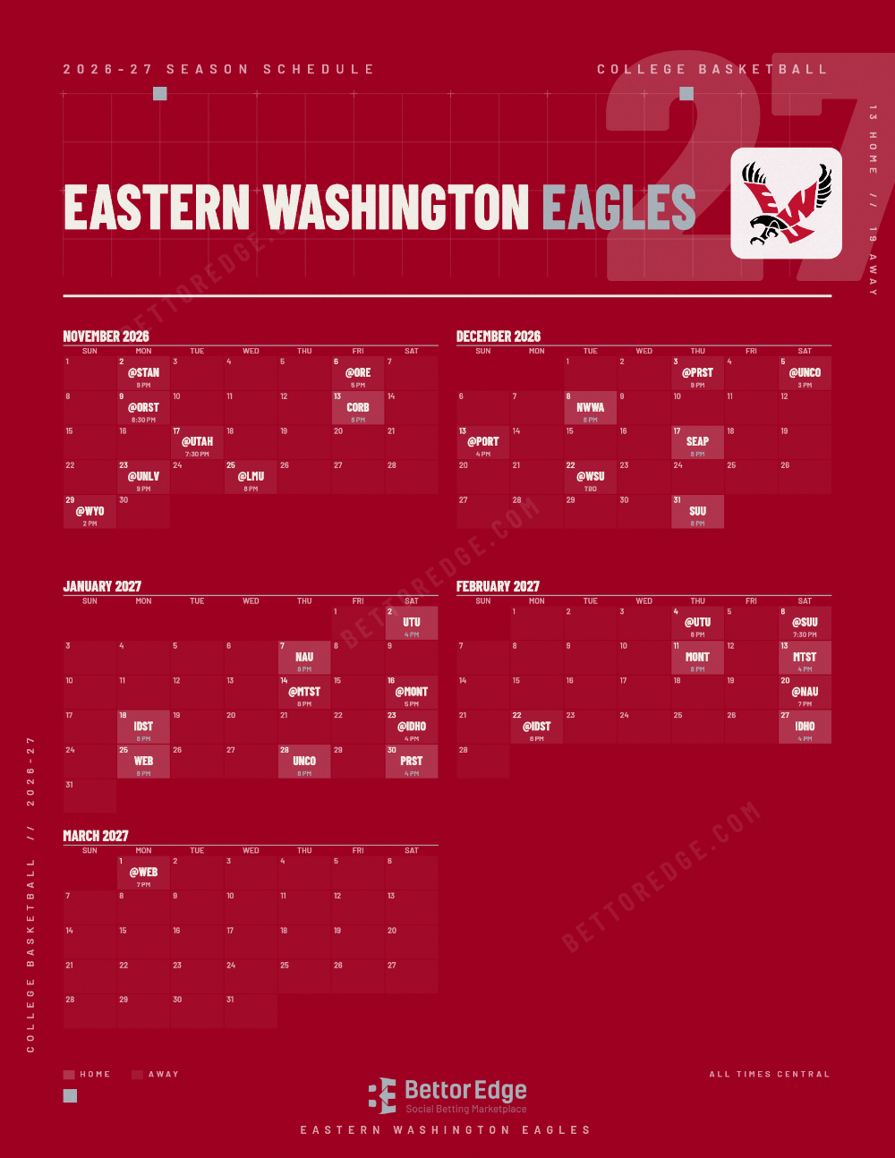 Eastern Washington Eagles 2026-27 basketball schedule, free printable, every game with start times and TV