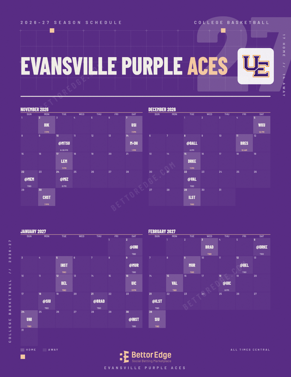 Evansville Purple Aces 2026-27 basketball schedule, free printable, every game with start times and TV