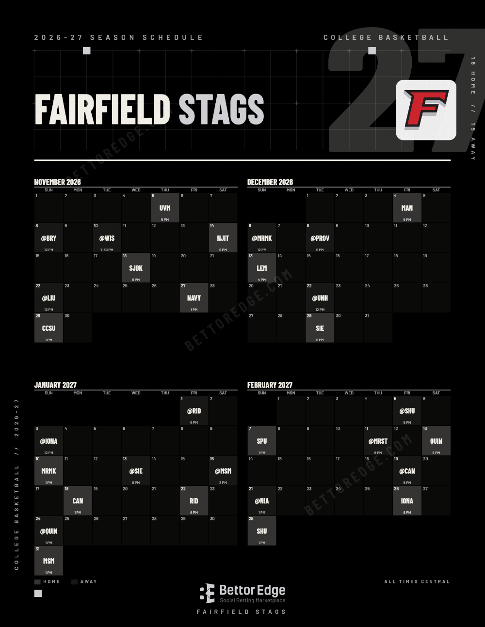 Fairfield Stags 2026-27 basketball schedule, free printable, every game with start times and TV