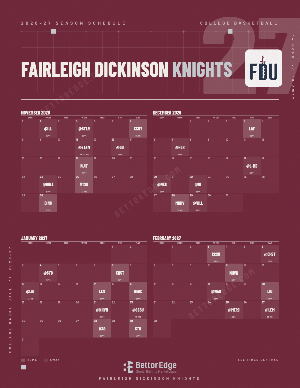 Fairleigh Dickinson Knights 2026-27 basketball schedule, free printable, every game with start times and TV