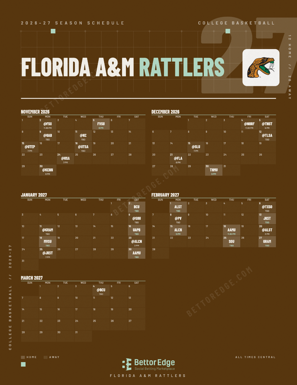 Florida A&M Rattlers 2026-27 basketball schedule, free printable, every game with start times and TV