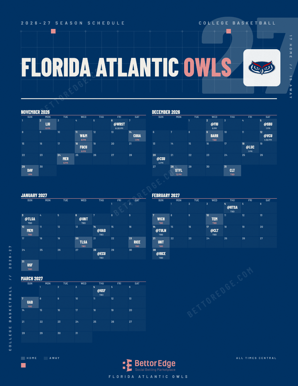 Florida Atlantic Owls 2026-27 basketball schedule, free printable, every game with start times and TV