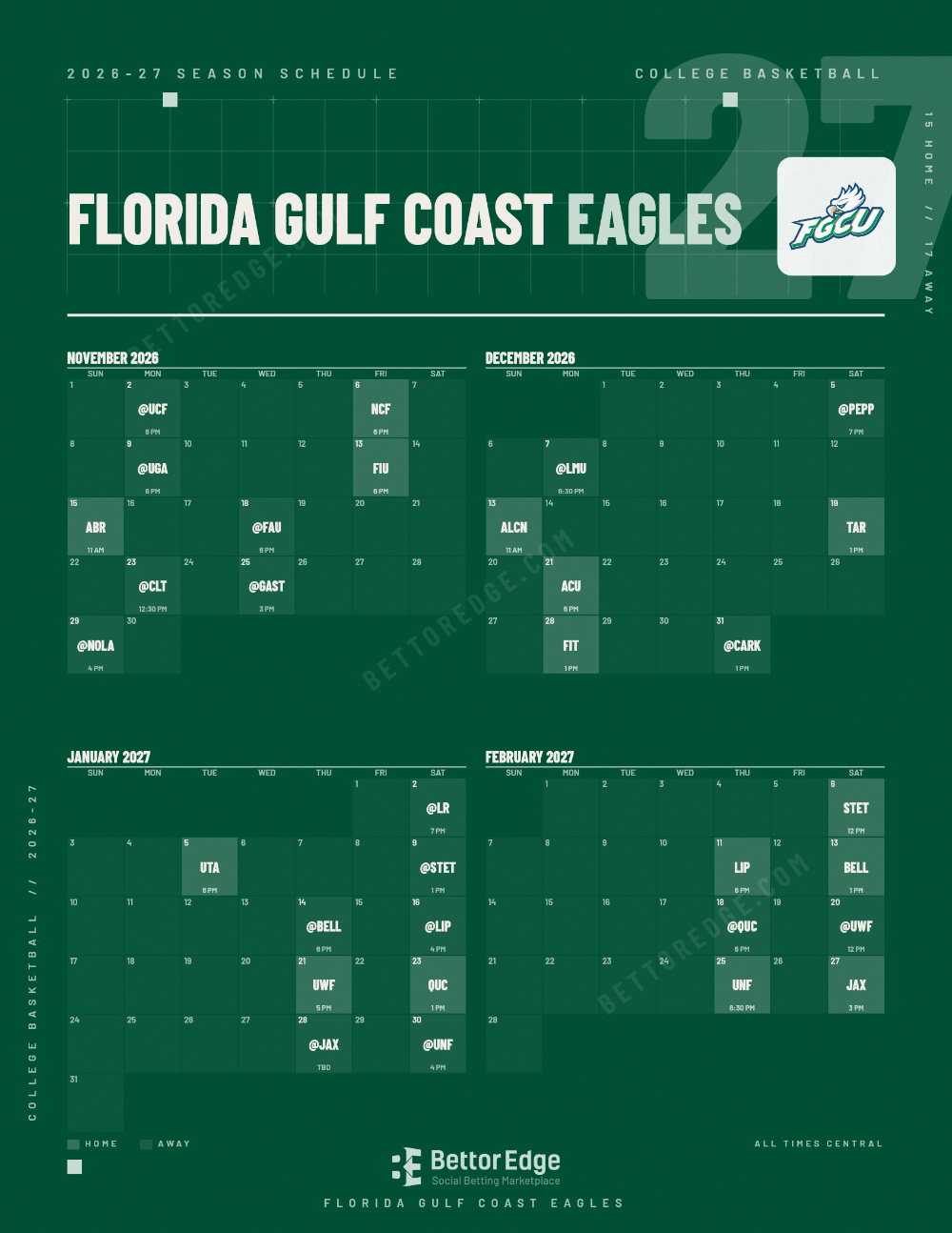 Florida Gulf Coast Eagles 2026-27 basketball schedule, free printable, every game with start times and TV