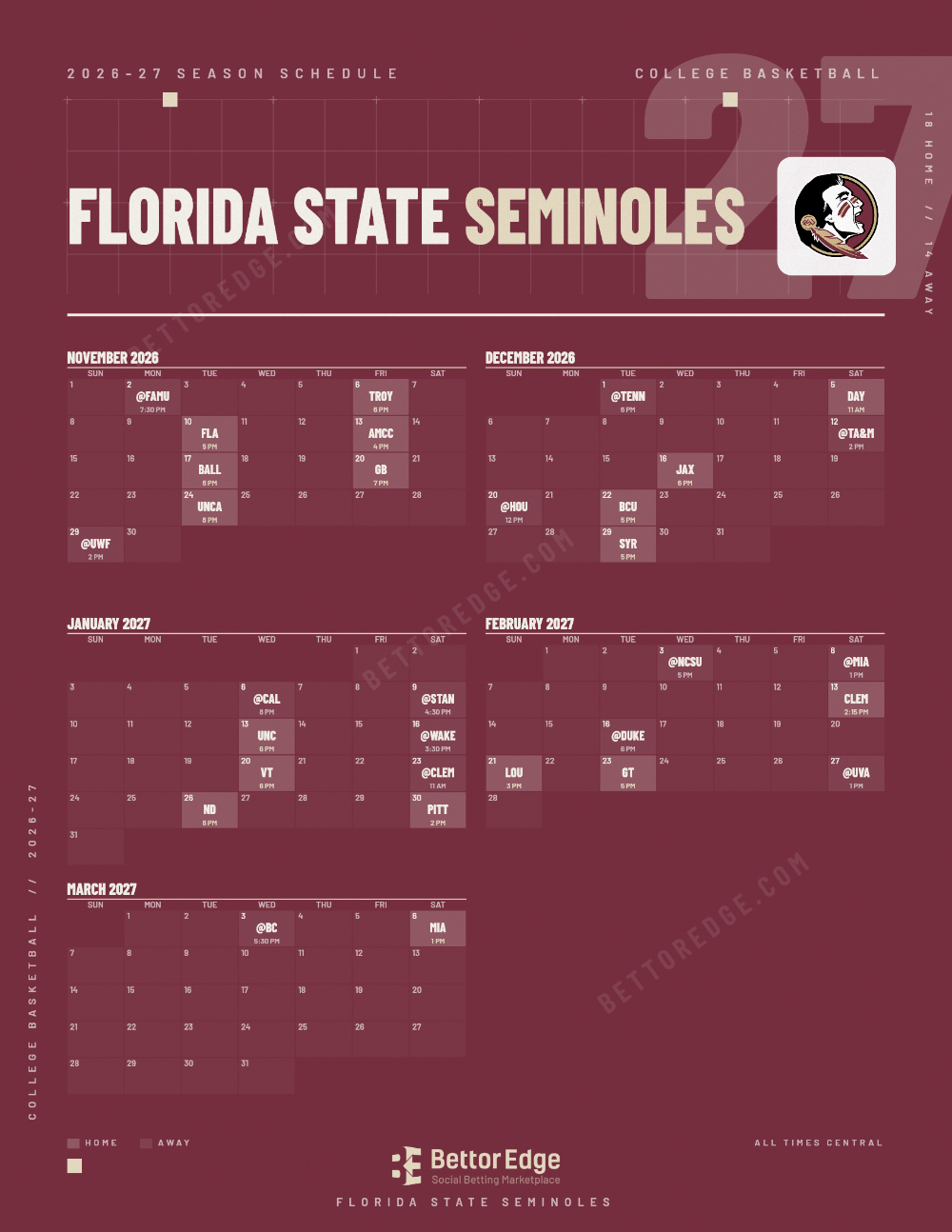 Florida State Seminoles 2026-27 basketball schedule, free printable, every game with start times and TV